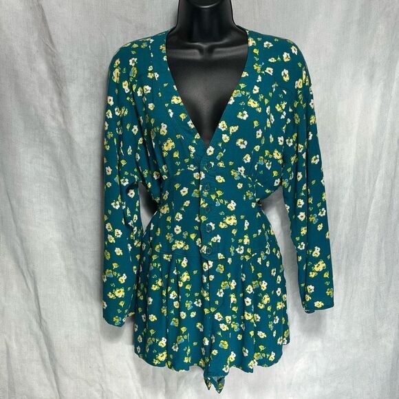 FREE PEOPLE WOMENS FLORAL TEAL ROMPER W POCKETS! 100% RAYON LIKE NEW SIZE 4 - Picture 1 of 8
